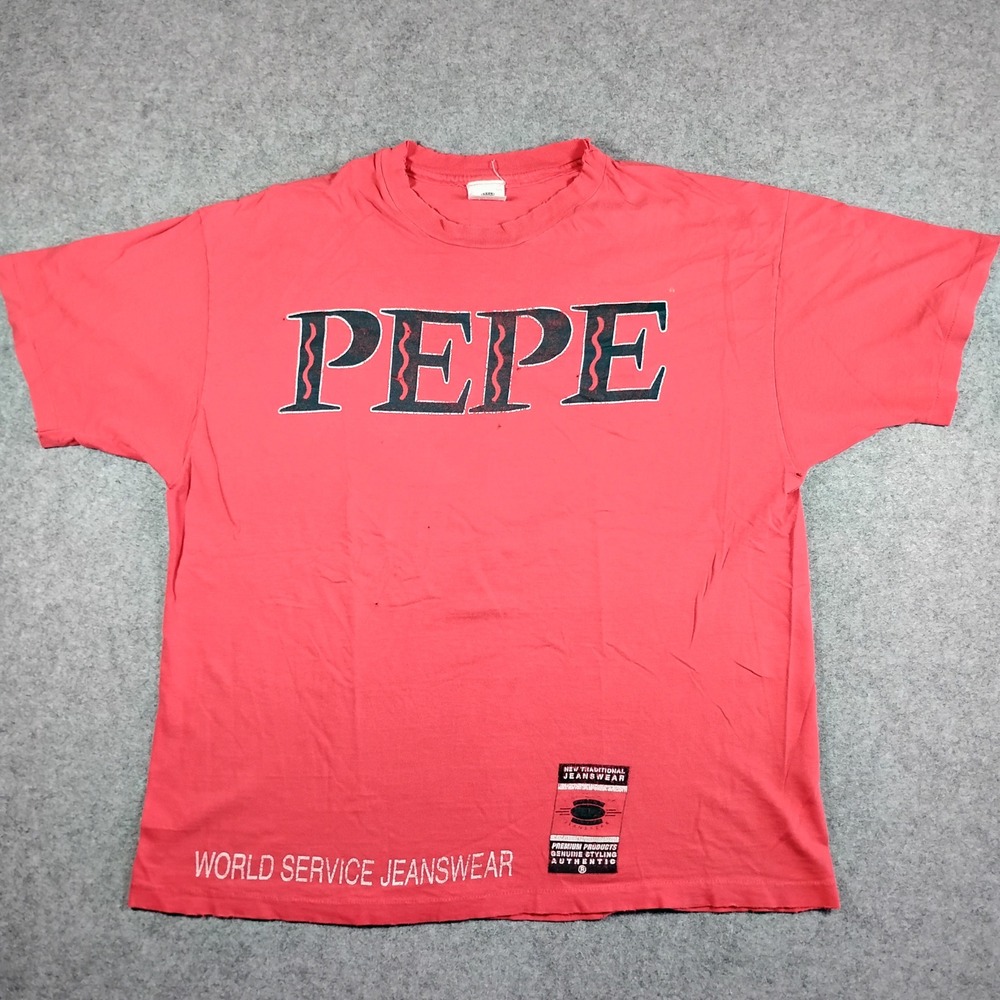 Vintage Pepe Jeans World Service Graphic T Shirt Red Mens One Size Made in‎ USA